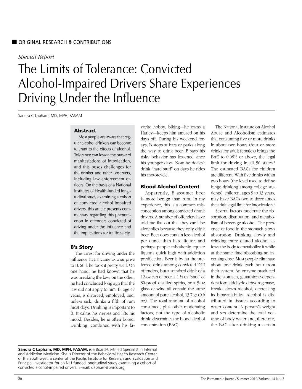 The Limits of Tolerance: Convicted Alcohol-Impaired Drivers Share Experiences Driving Under the Influence