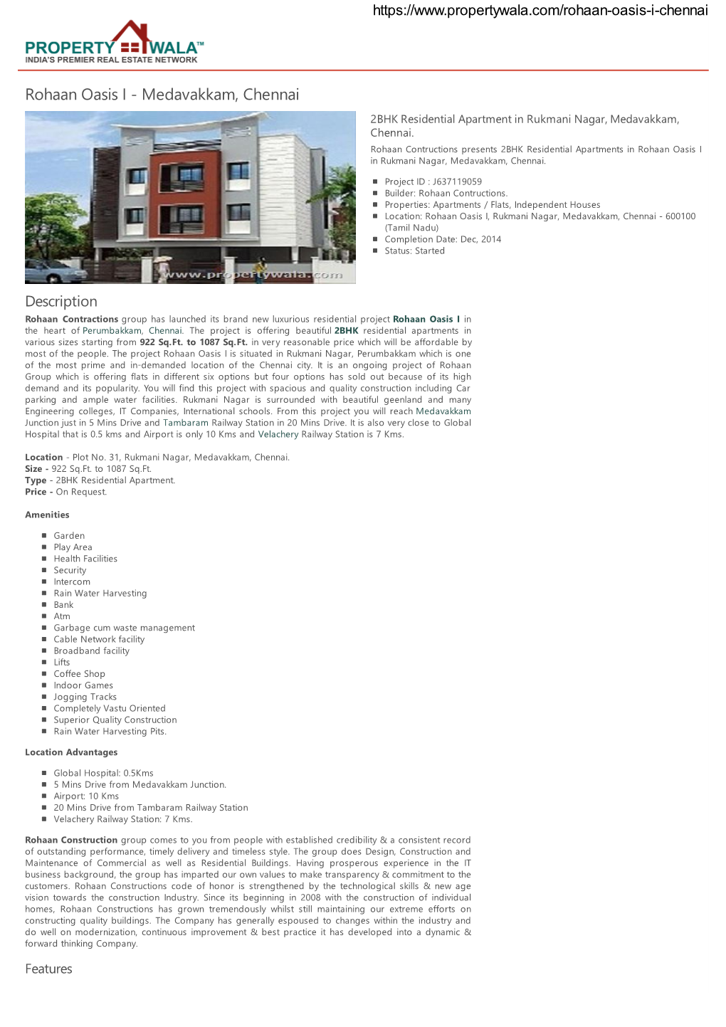 Rohaan Oasis I - Medavakkam, Chennai 2BHK Residential Apartment in Rukmani Nagar, Medavakkam, Chennai