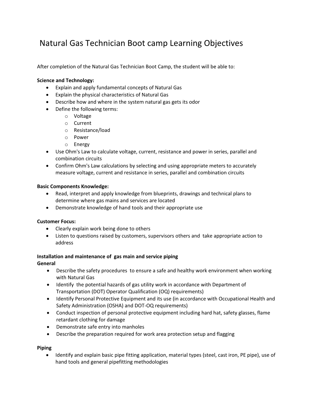 Natural Gas Technician Boot Camp Learning Objectives