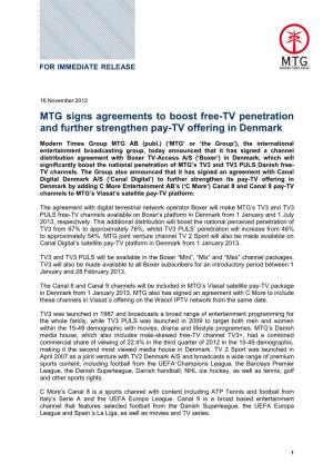 MTG Signs Agreements to Boost Free-TV Penetration and Further Strengthen Pay-TV Offering in Denmark