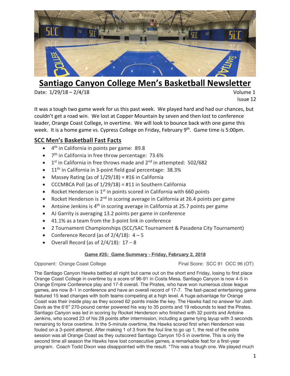 Santiago Canyon College Men's Basketball Newsletter