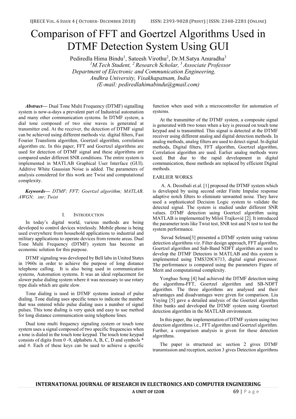 Comparison of FFT and Goertzel Algorithms Used in DTMF Detection