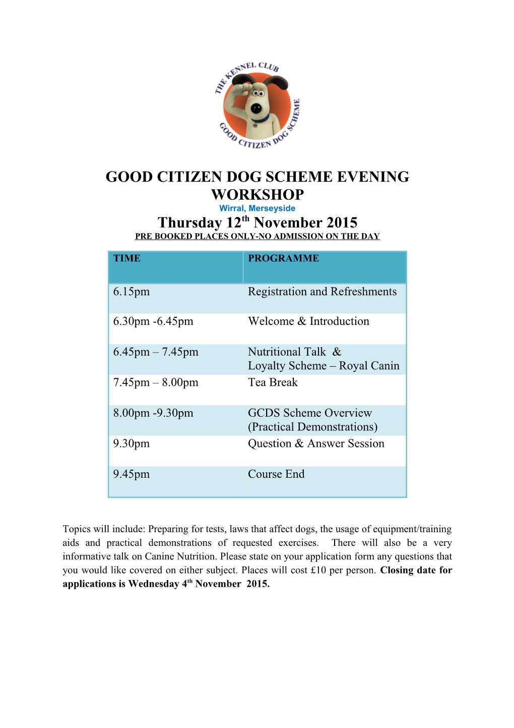 Good Citizen Dog Scheme Evening Workshop