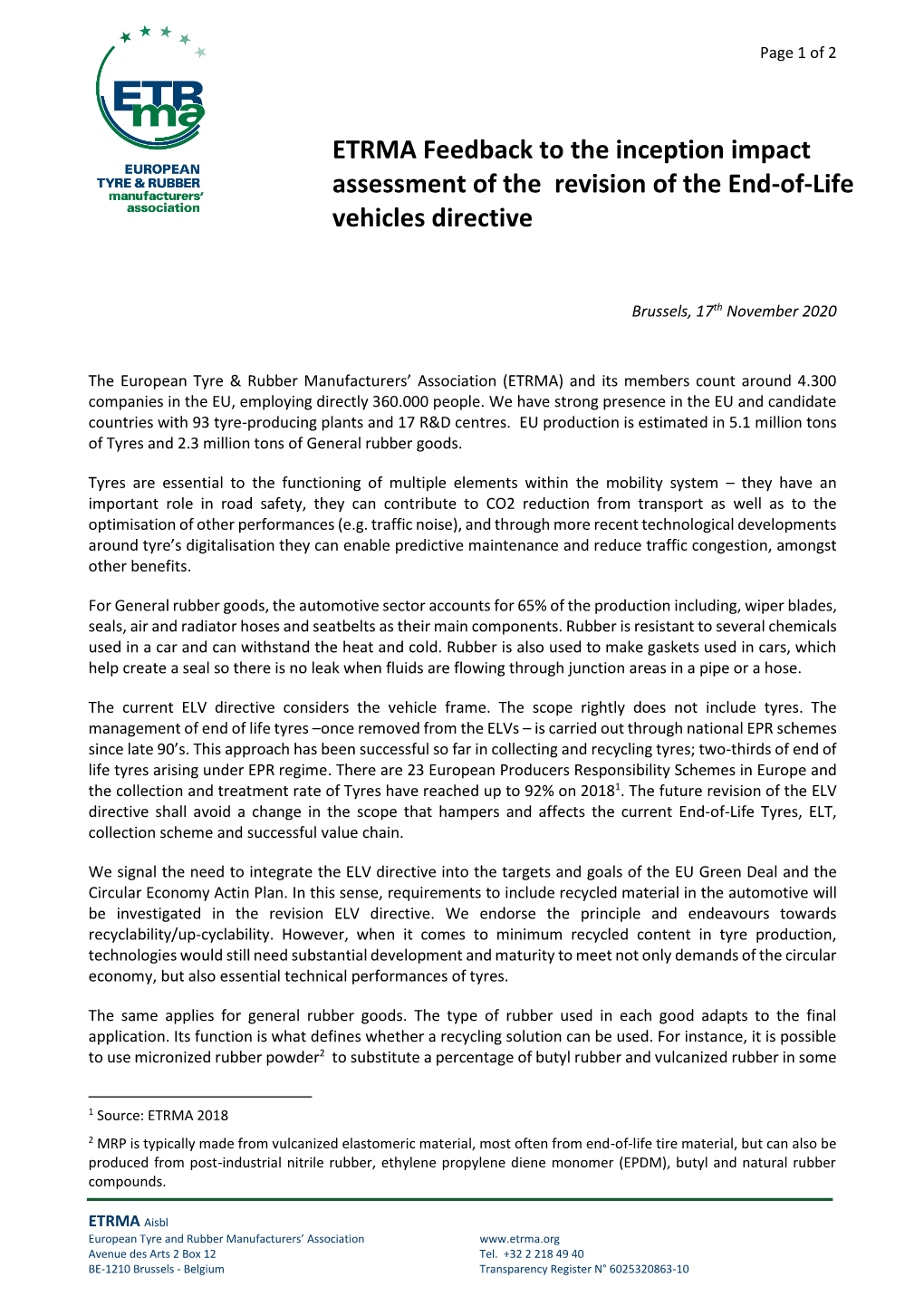 ETRMA Feedback to the Inception Impact Assessment of the Revision of the End-Of-Life Vehicles Directive