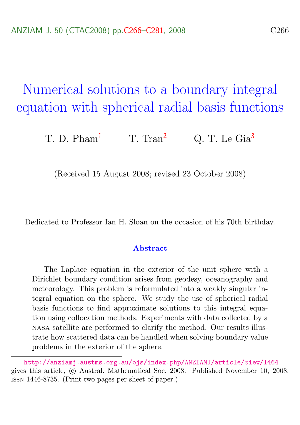 Numerical Solutions to a Boundary Integral Equation with Spherical Radial Basis Functions