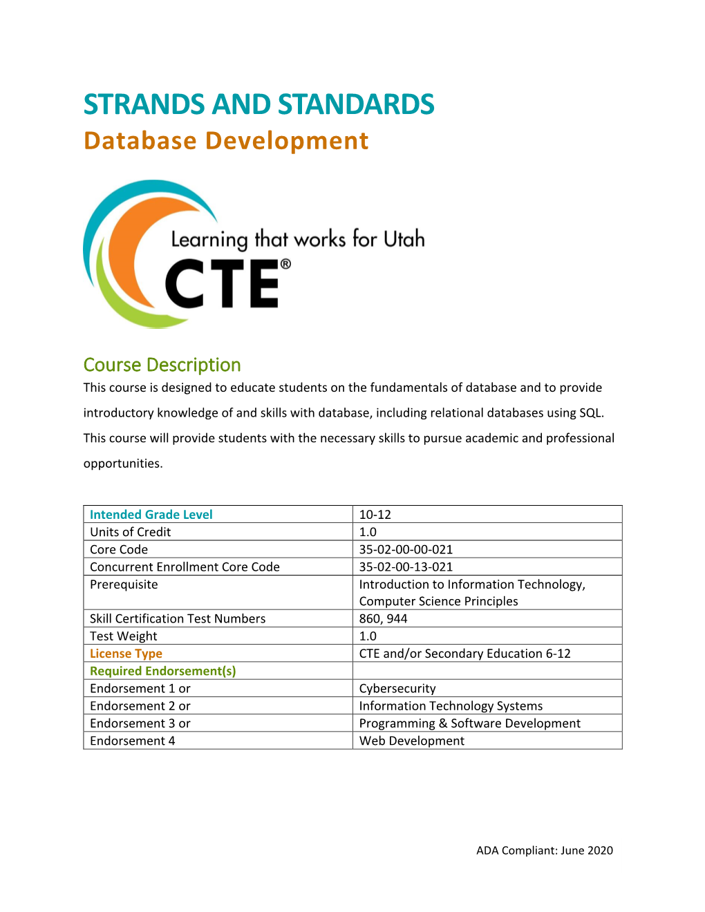 Database Development Strands and Standards