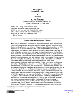 Areopagitica John Milton (1644) a SPEECH of Mr. JOHN MILTON for the Liberty of UNLICENC'd PRINTING, to the PARLAMENT of ENGLAND