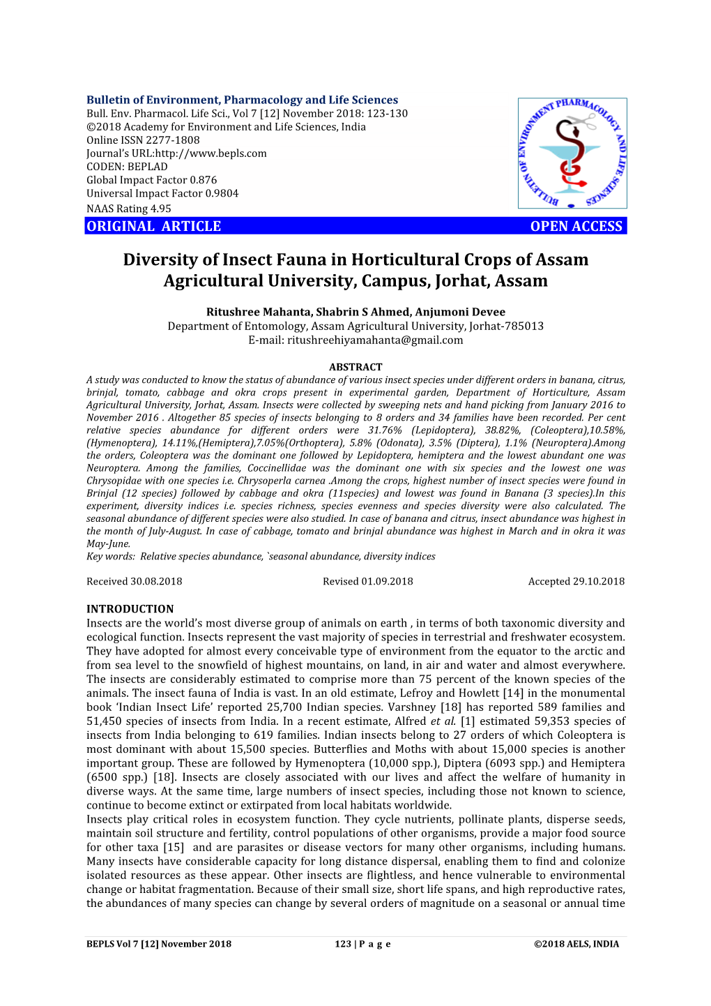 Diversity of Insect Fauna in Horticultural Crops of Assam Agricultural University, Campus, Jorhat, Assam