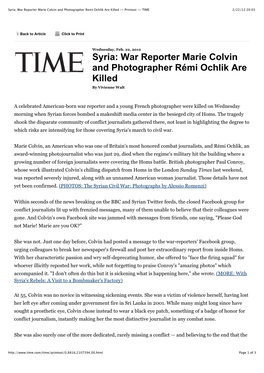 Syria: War Reporter Marie Colvin and Photographer Remi Ochlik Are Killed -- Printout -- TIME 2/22/12 20:03