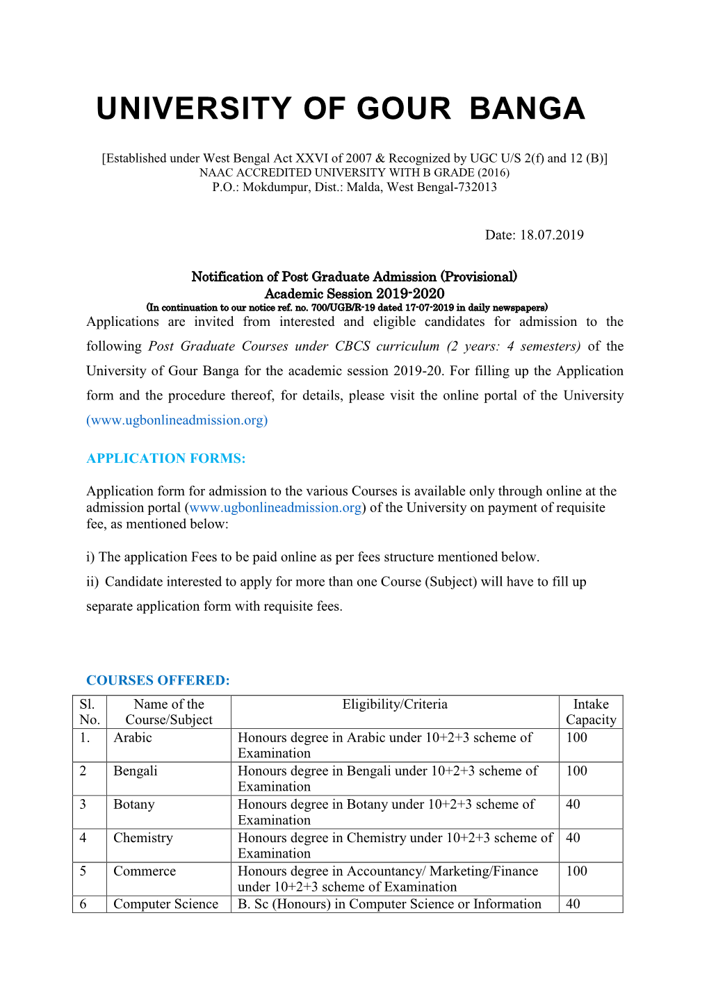 Notification of Post Graduate Admission (Provisional) Academic Session 2019-2020 (In Continuation to Our Notice Ref