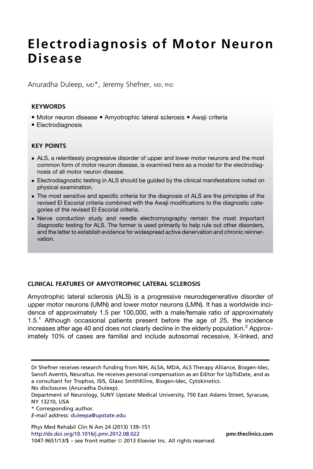 Electrodiagnosis of Motor Neuron Disease