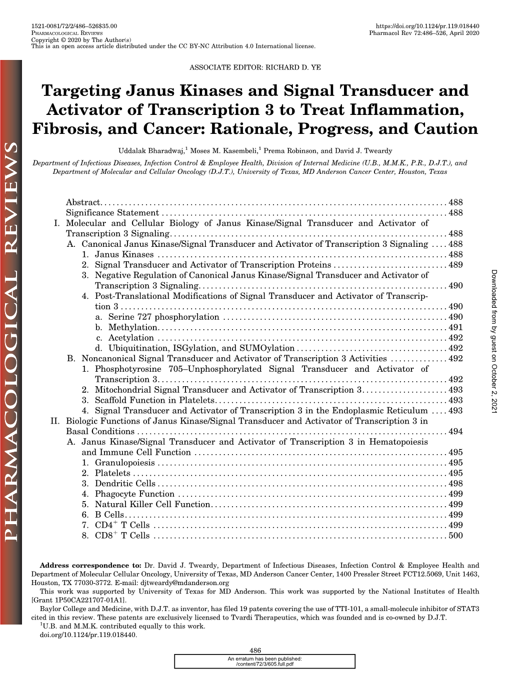 Targeting Janus Kinases and Signal Transducer and Activator of Transcription 3 to Treat Inflammation, Fibrosis, and Cancer: Rationale, Progress, and Caution