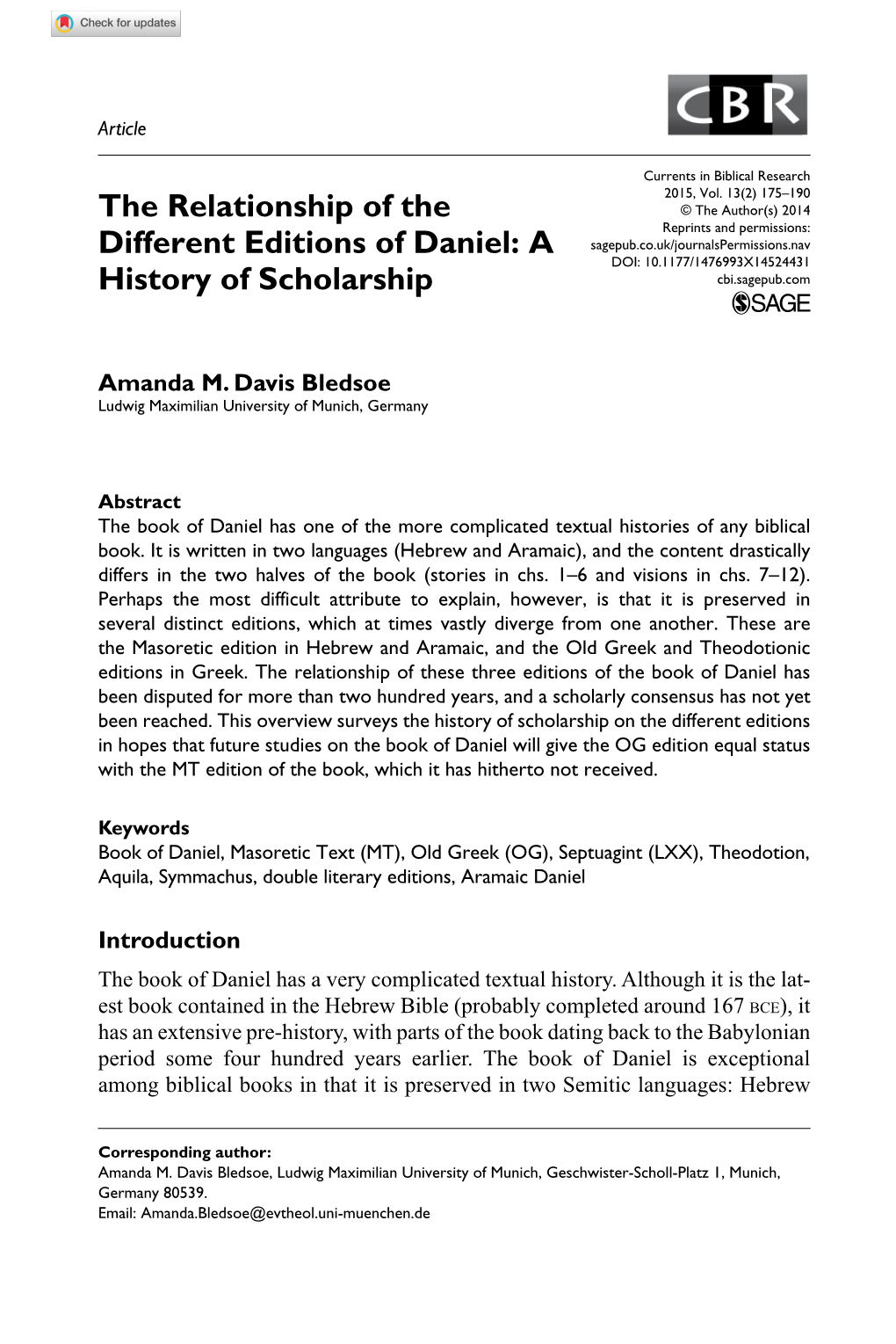 The Relationship of the Different Editions of Daniel: a History Of