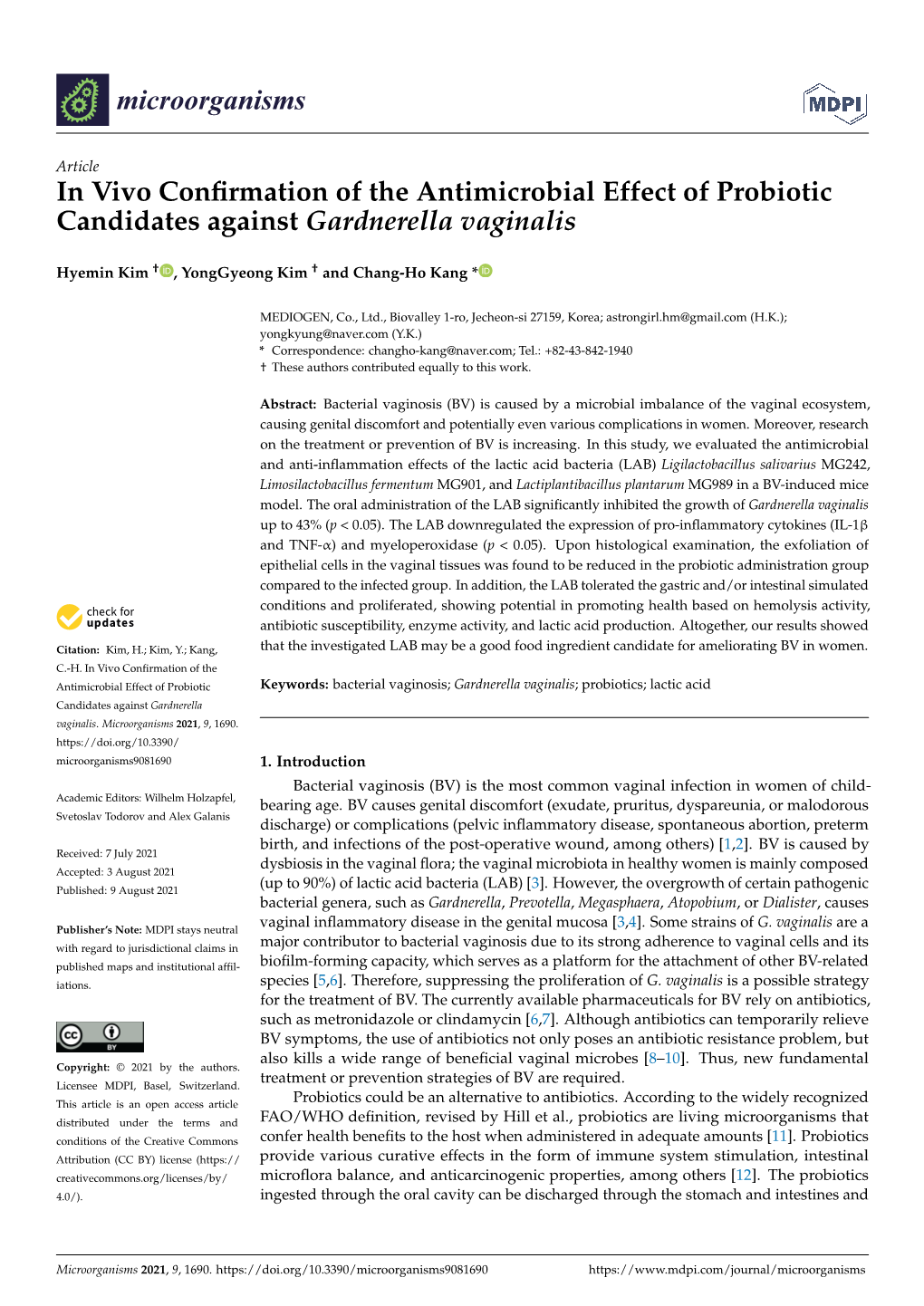 In Vivo Confirmation of the Antimicrobial Effect of Probiotic