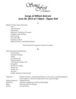 Songs of William Bolcom June 20, 2012 at 7:30Pm Zipper Hall