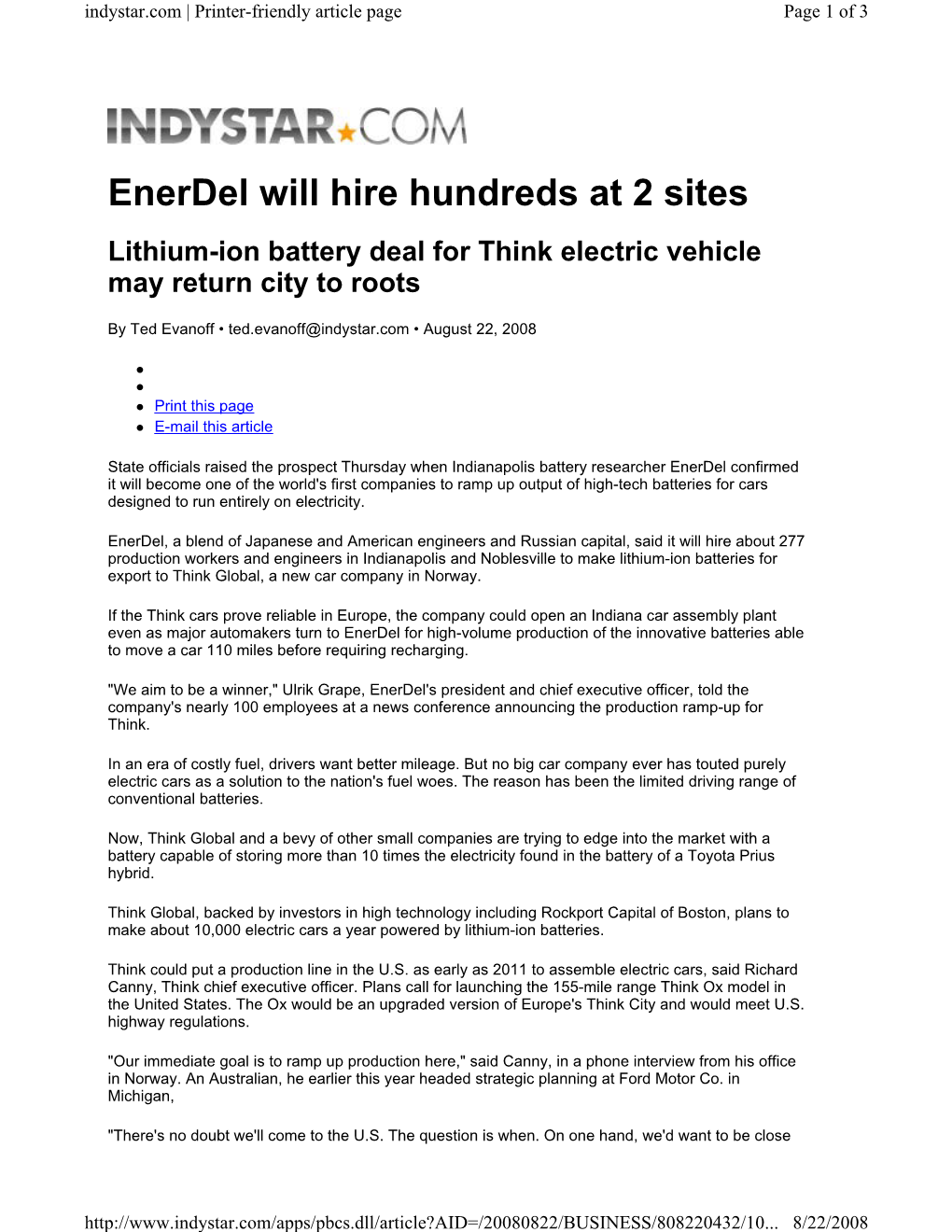 Enerdel Will Hire Hundreds at 2 Sites Lithium-Ion Battery Deal for Think Electric Vehicle May Return City to Roots