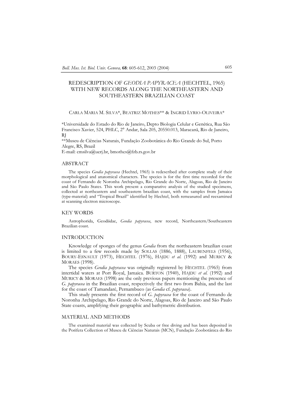 Redescription of Geodia Papyracea (Hechtel, 1965) with New Records Along the Northeastern and Southeastern Brazilian Coast