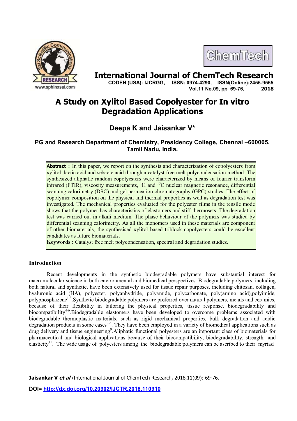 A Study on Xylitol Based Copolyester for in Vitro Degradation Applications