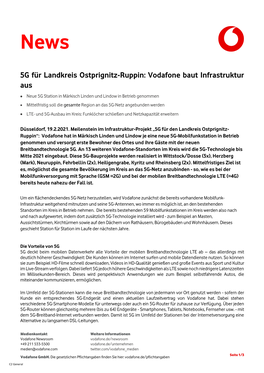 5G Für Landkreis Ostprignitz-Ruppin: Vodafone Baut