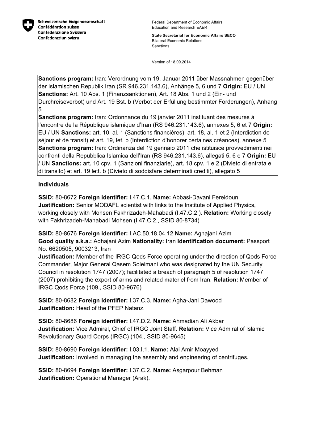 Sanctions Program: Iran: Verordnung Vom 19. Januar 2011 Über