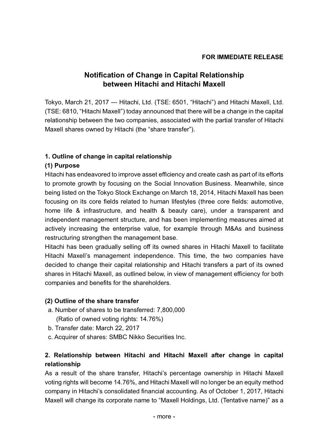Notification of Change in Capital Relationship Between Hitachi and Hitachi Maxell