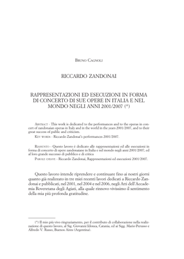 Riccardo Zandonai Rappresentazioni Ed Esecuzioni in Forma Di Concerto Di Sue Opere in Italia E Nel Mondo Negli Anni 1994/ 2000, Rovereto 2001)