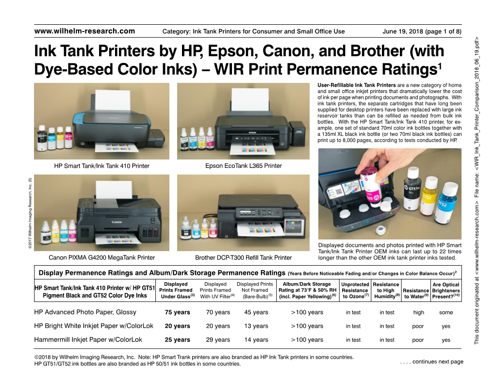 WIR Print Permanence Ratings for Ink Tank Printers