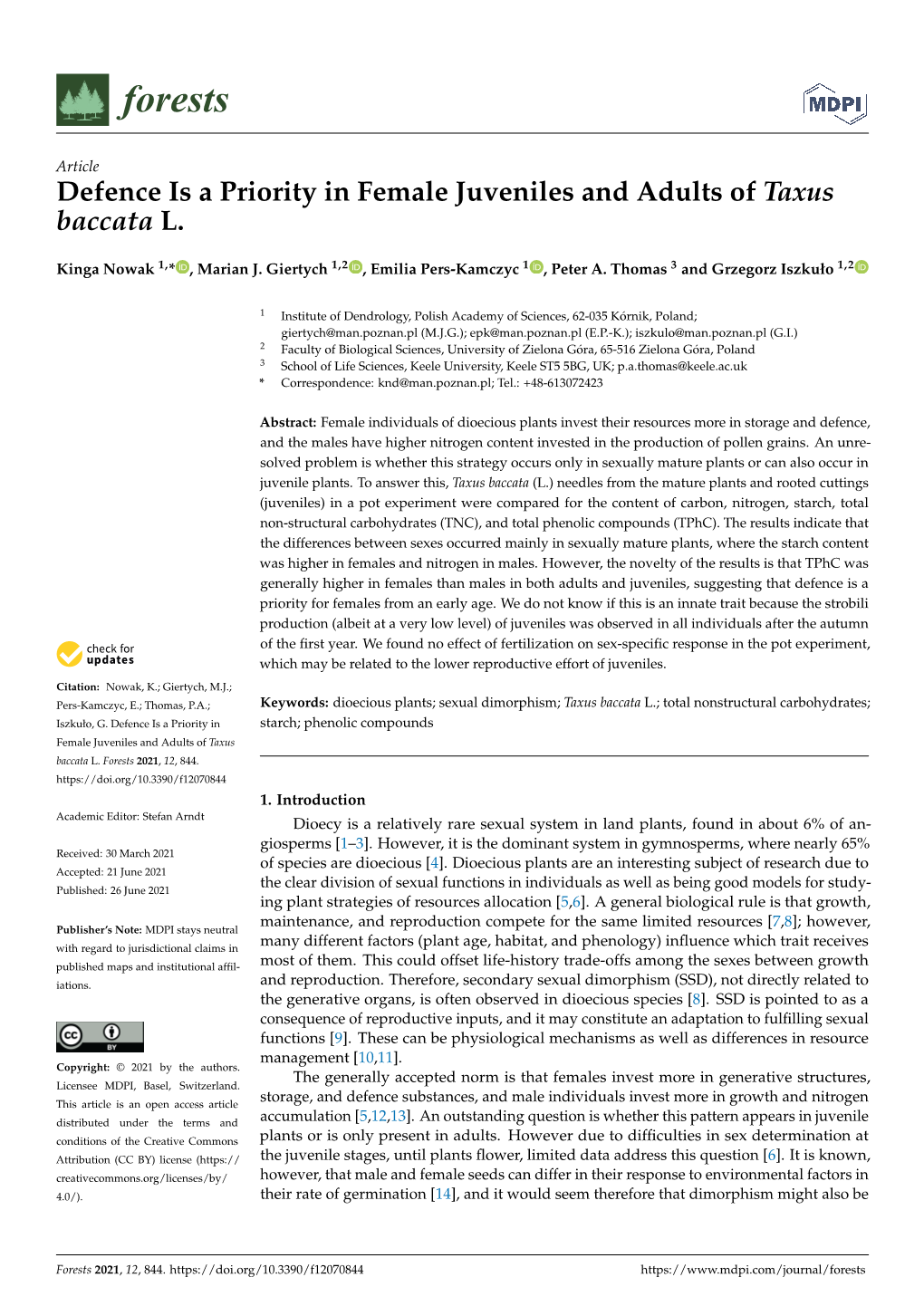 Defence Is a Priority in Female Juveniles and Adults of Taxus Baccata L