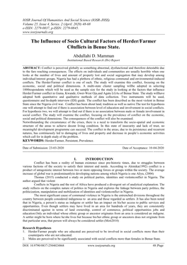 The Influence of Socio Cultural Factors of Herder/Farmer C0nflicts in Benue State