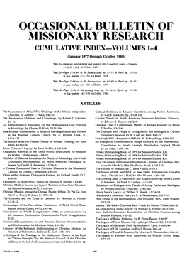 OCCASIONAL BULLETIN of MISSIONARY RESEARCH CUMULATIVE INDEX-VOLUMES 1-4 (January 1977 Through October 1980)
