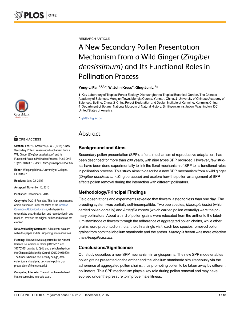 A New Secondary Pollen Presentation Mechanism from a Wild Ginger (Zingiber Densissimum) and Its Functional Roles in Pollination Process