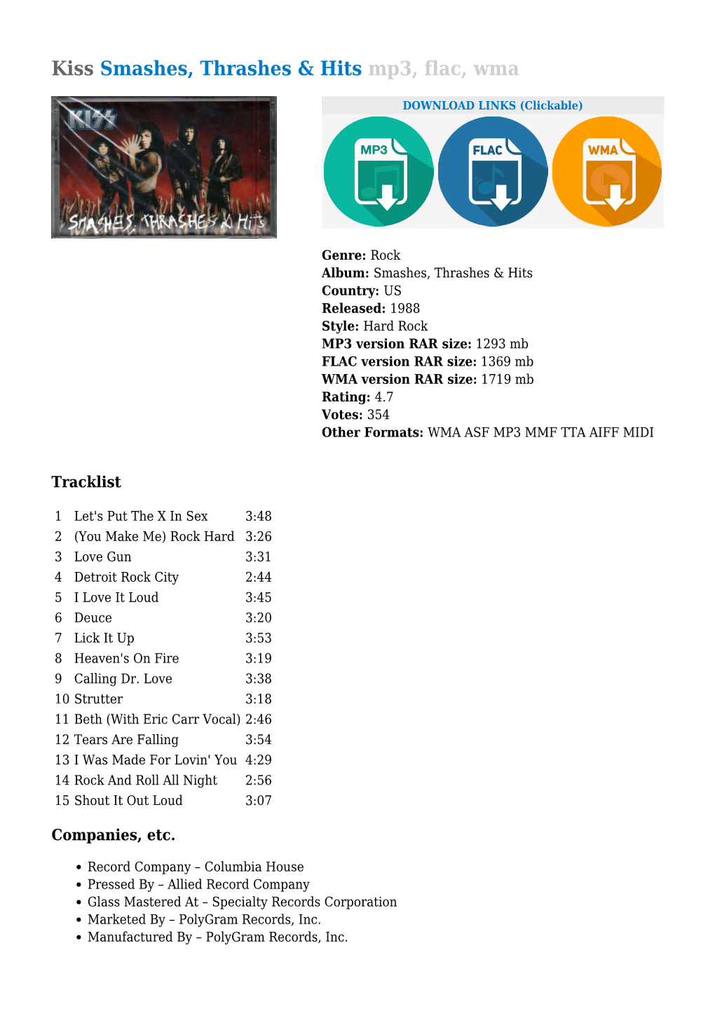 Kiss Smashes, Thrashes & Hits Mp3, Flac