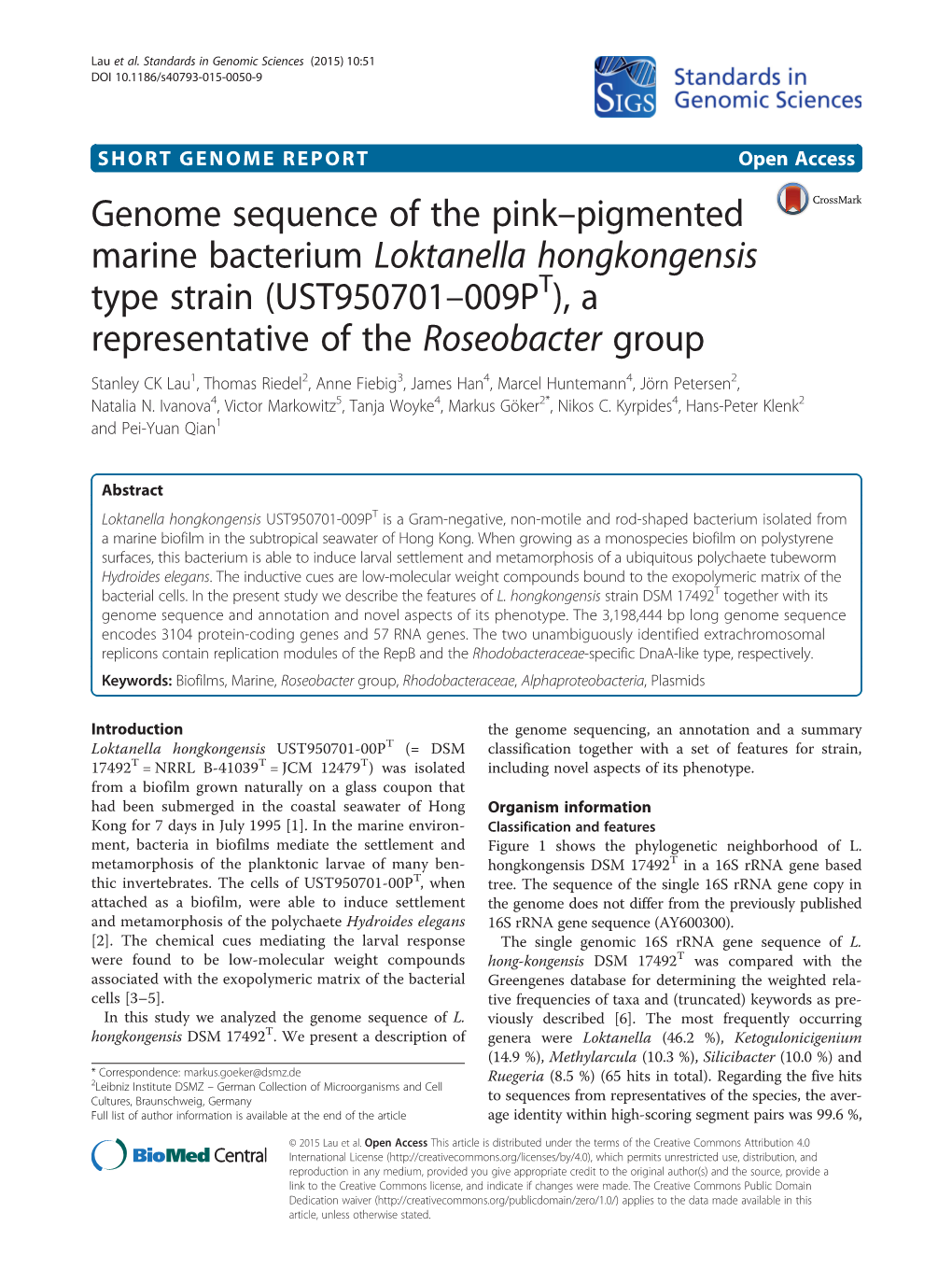 Genome Sequence of the Pink–Pigmented Marine