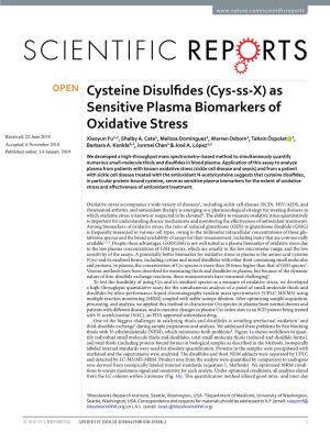 As Sensitive Plasma Biomarkers of Oxidative Stress Received: 22 June 2018 Xiaoyun Fu1,2, Shelby A