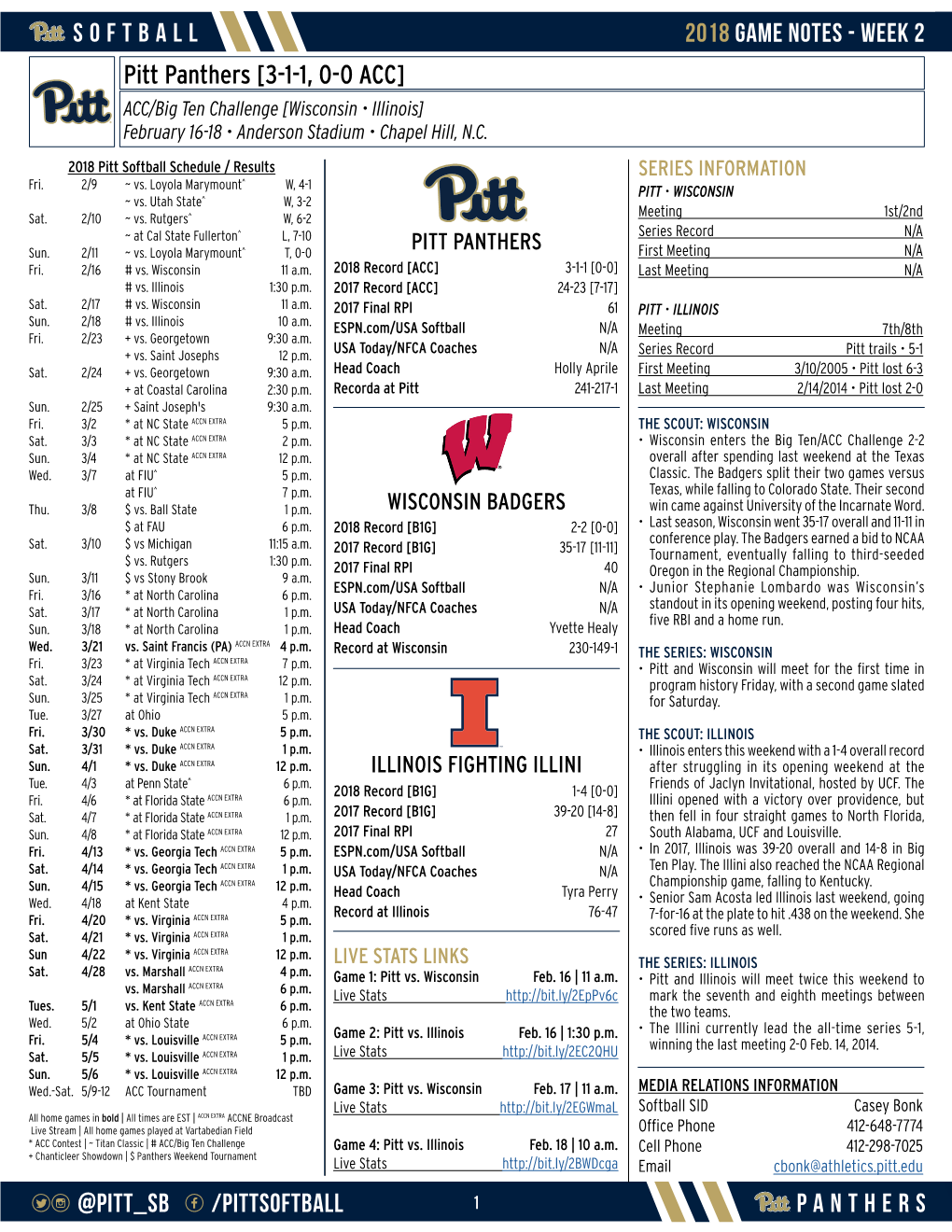 PANTHERS Df @PITT SB C /PITTSOFTBALL SOFTBALL 2018 GAME NOTES