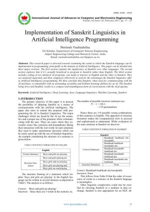 Implementation of Sanskrit Linguistics in Artificial Intelligence Programming