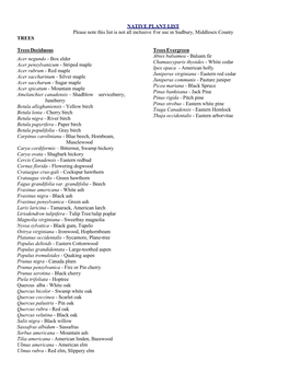 NATIVE PLANT LIST Please Note This List Is Not All Inclusive for Use in Sudbury, Middlesex County TREES