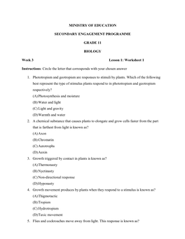 Grade 11 Biology Week 3 Lesson 1 Worksheet 1 and Solutions