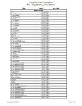 Rocky Mountain Cartridge LLC Prices Subject to Change Without Notice