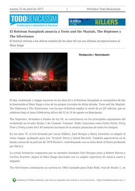 El Rototom Sunsplash Anuncia a Toots and the Maytals, The