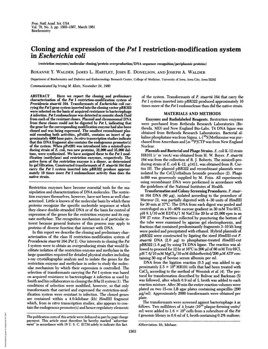 Cloning and Expression of the Pst I Restriction-Modification System In