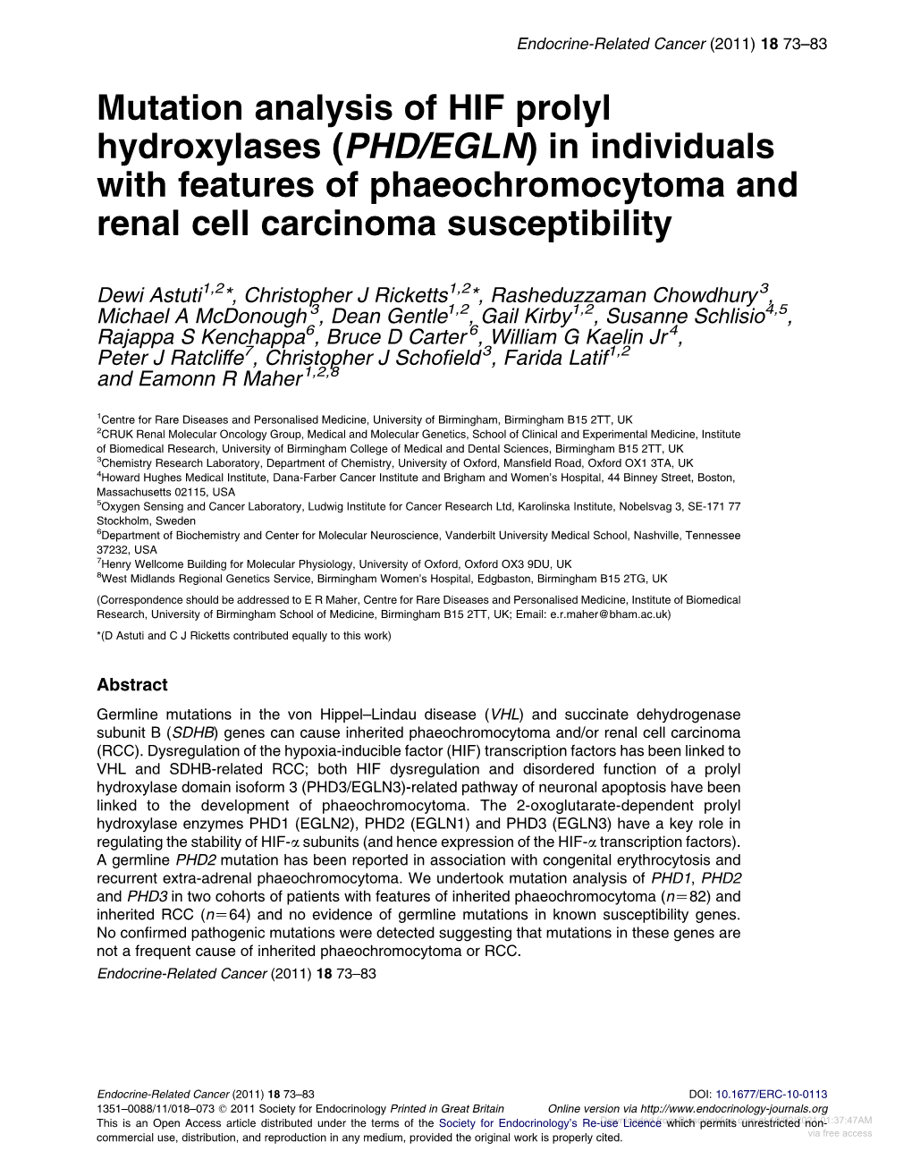 Mutation Analysis of HIF Prolyl Hydroxylases (PHD/EGLN) in Individuals with Features of Phaeochromocytoma and Renal Cell Carcinoma Susceptibility