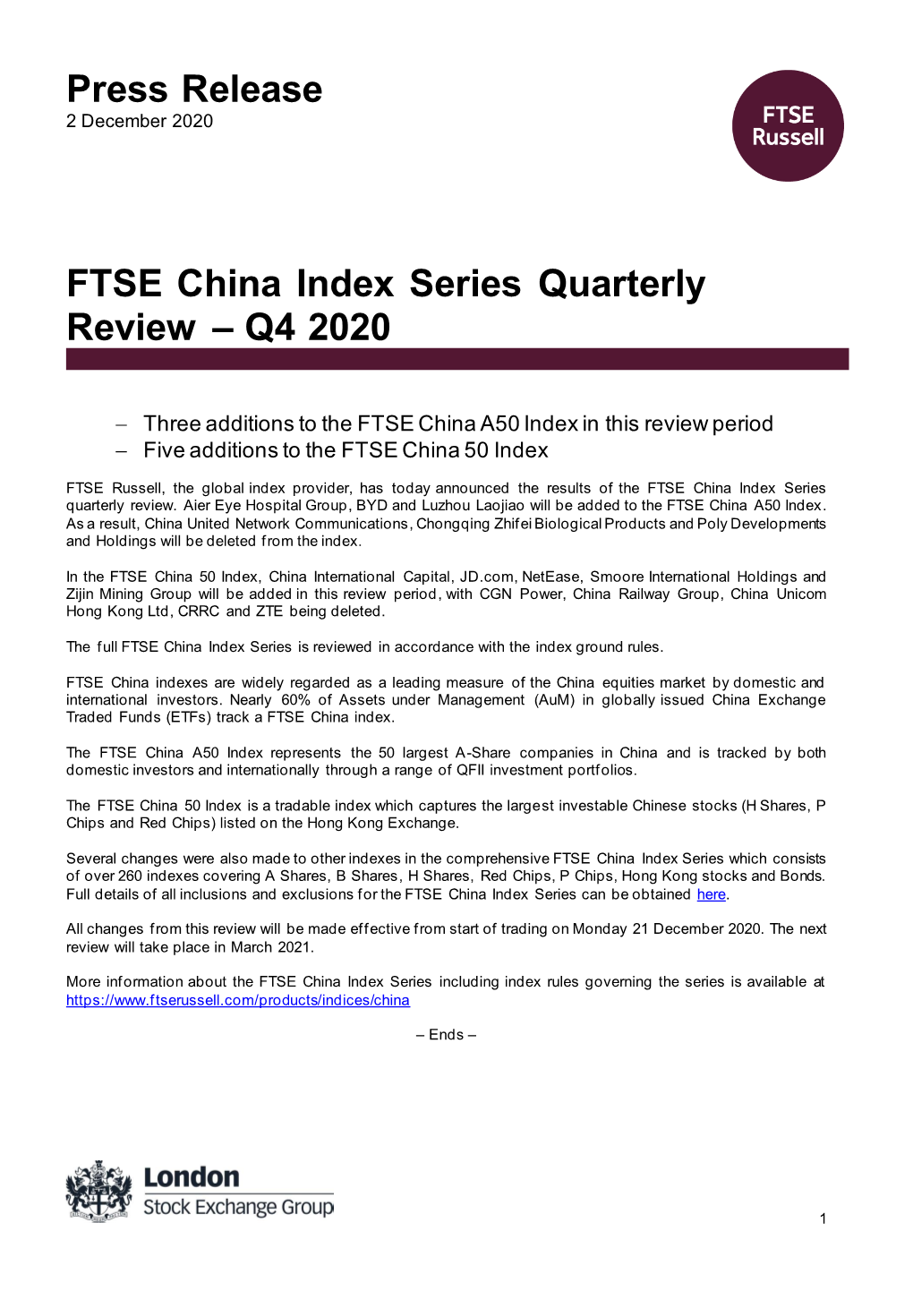 FTSE China Index Series Quarterly Review – Q4 2020