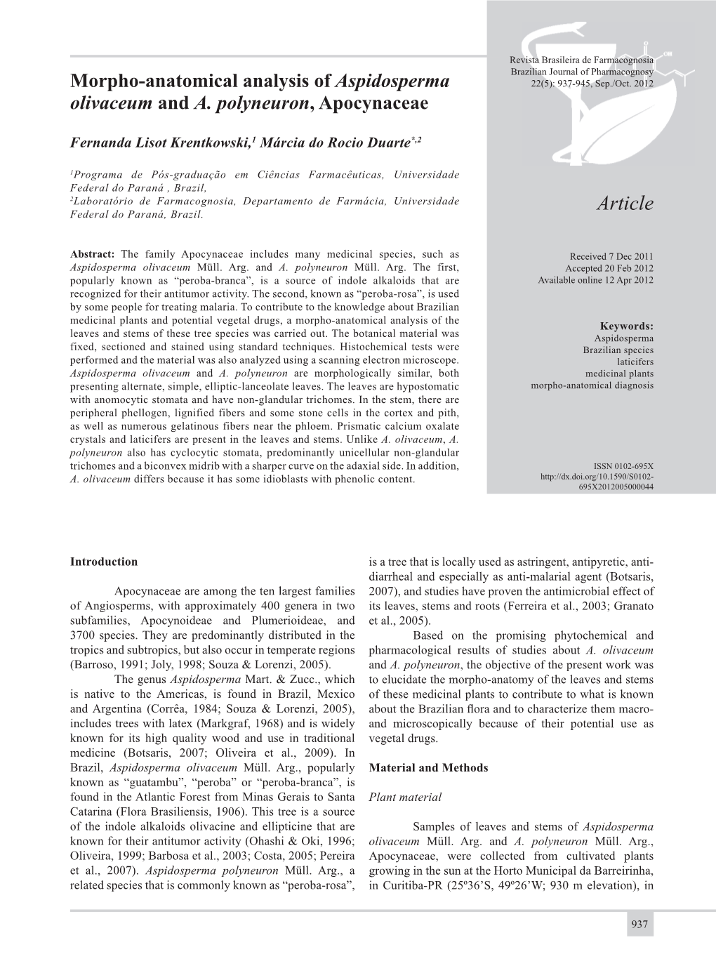 Morpho-Anatomical Analysis of Aspidosperma Olivaceum and A