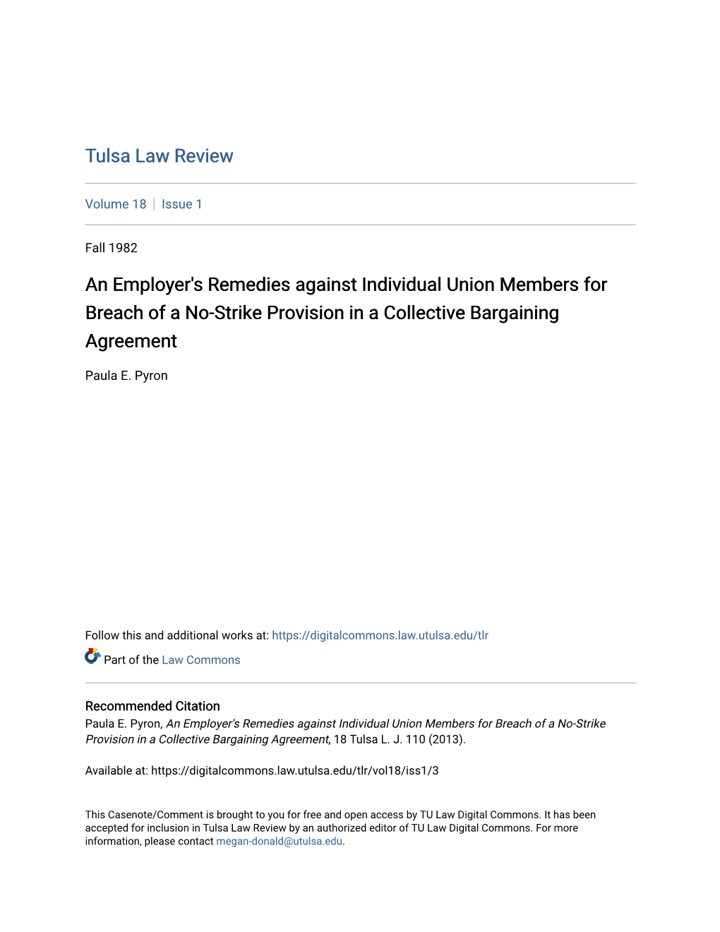 An Employer's Remedies Against Individual Union Members for Breach of a No-Strike Provision in a Collective Bargaining Agreement