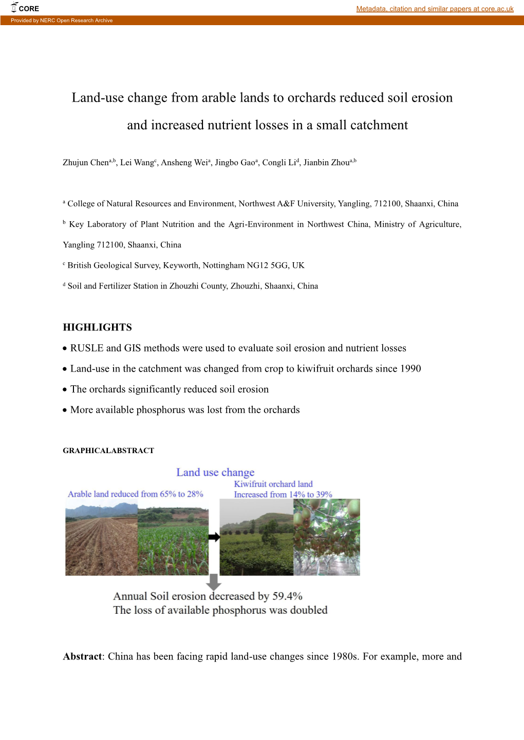 Land-Use Change from Arable Lands to Orchards Reduced Soil Erosion and Increased Nutrient Losses in a Small Catchment