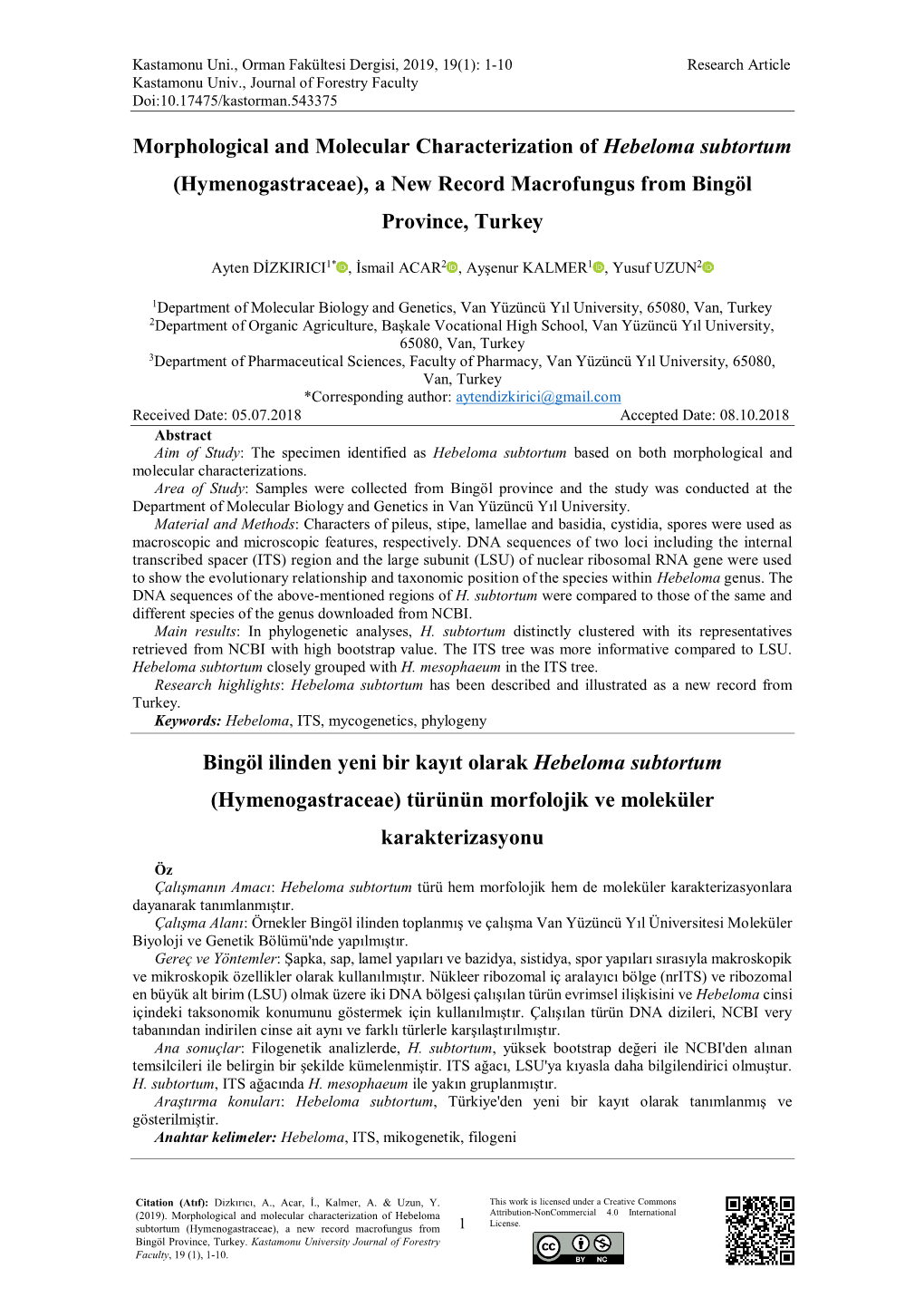 Morphological and Molecular Characterization of Hebeloma Subtortum (Hymenogastraceae), a New Record Macrofungus from Bingöl Province, Turkey