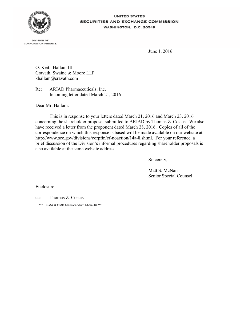 ARIAD Pharmaceuticals, Inc.; Rule 14A-8 No-Action Letter