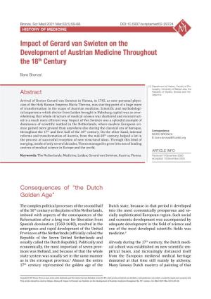 Impact of Gerard Van Swieten on the Development of Austrian Medicine Throughout the 18Th Century