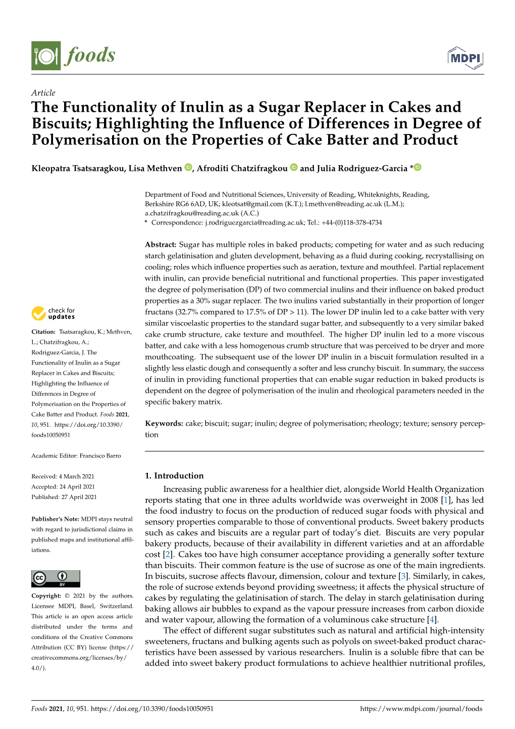 The Functionality of Inulin As a Sugar Replacer in Cakes And